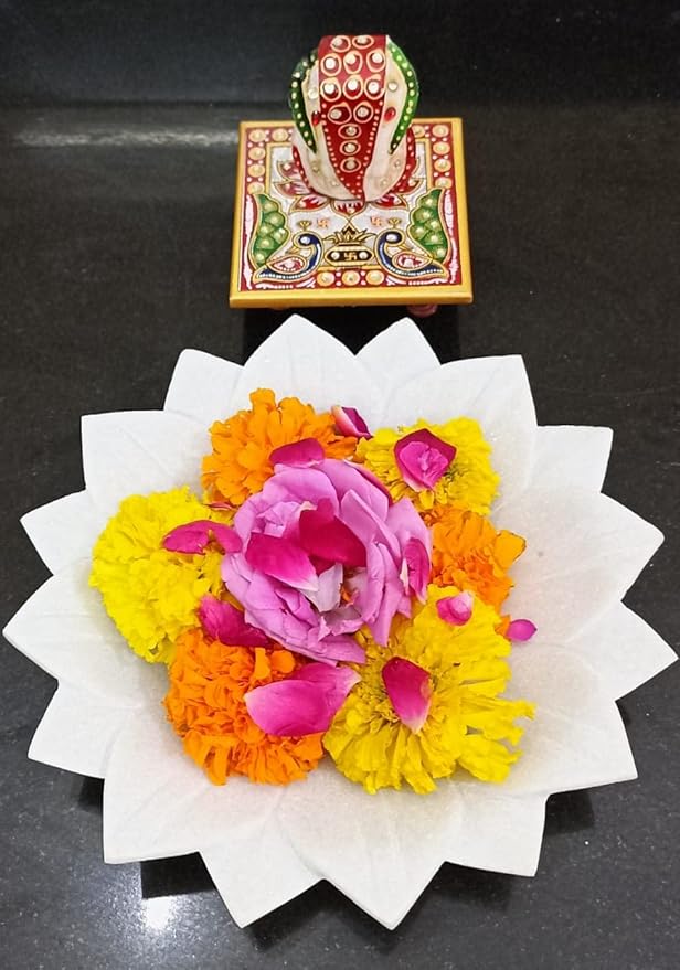 aipur Art 9 inch Large Marble Urli Bowl | Marble Lotus Plate for Home Decor (Polished) Marble Decorative Platter (White) - Image 2