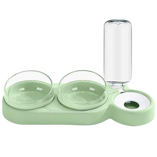 Emcrovi Food And Water Plastic Raised Cat Dishes Automatic Water Feeding 3 In 1 Pet Double Bowls 2 Food Bowls 1 Water Feeder Set Food Feeder Set For Cats Puppy Small Dogs (Green, Pack Of 1),8X5X13 Cm - Image 2