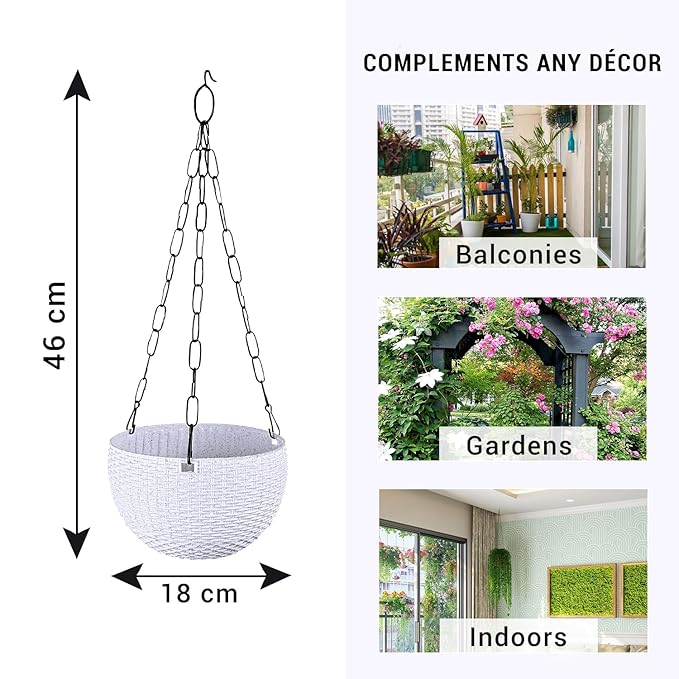 Heart Home Pack of 3 Hanging Flower Pot | Hanging Flower Pot for Living Room | Home Lawn Planters & Gardening | Flower Planter for Balcony | Marble Euro | 7 Inch | White - Image 2